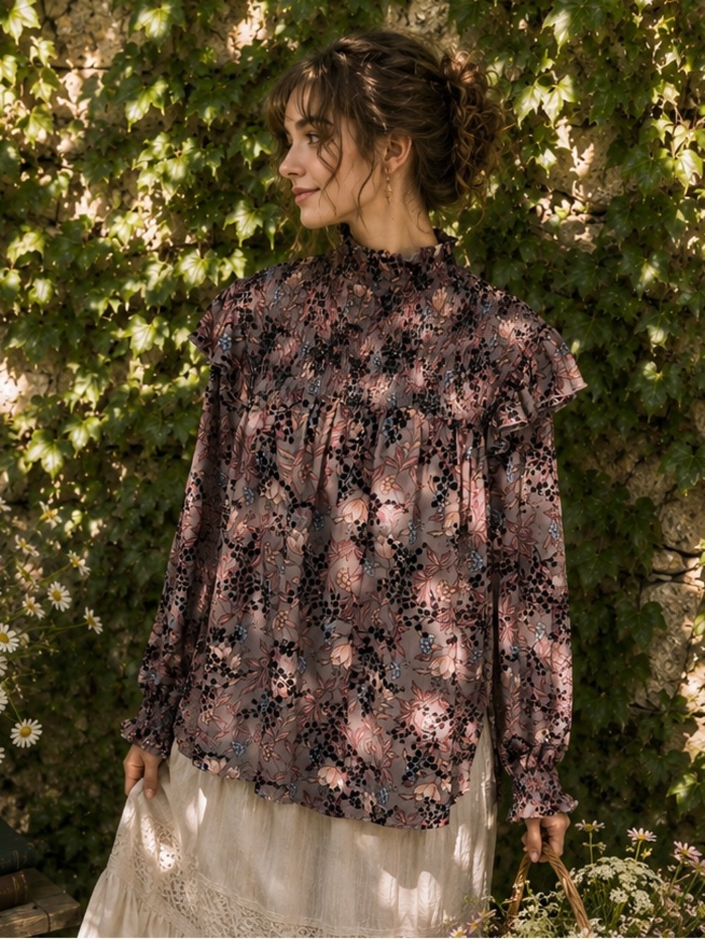 KNOX ROSE Brown Floral Cottagecore Smocked Yoke Semi-Sheer Floral Blouse, XL